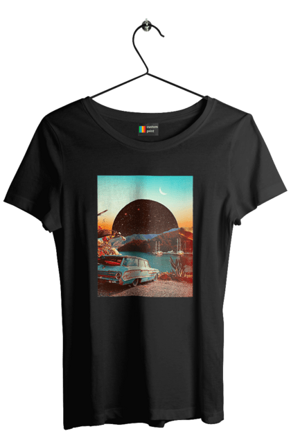 Футболка жіноча з принтом "Картина, машина біля річки". Картина, машина, планета, прикол, ретро, річка. 2070702