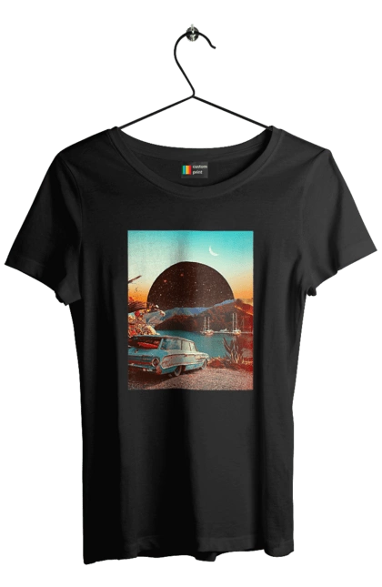 Футболка жіноча з принтом "Картина, машина біля річки". Картина, машина, планета, прикол, ретро, річка. 2070702