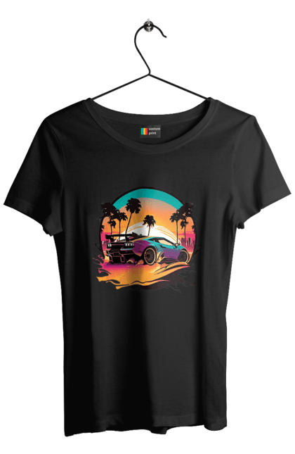 Футболка жіноча з принтом "Ламборджині Сінтвейв". Авто, автомобіль, ламба, ламборджині, машини, сінтвейв. 2070702