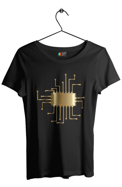 Футболка жіноча з принтом "Золотий Чіп". Айті, айтішник, гик, золотий, золото, інженер, кібернетика, код, комп, комп’ютерник, кристал, мікросхема, програміст, професія, розробник, чіп. 2070702