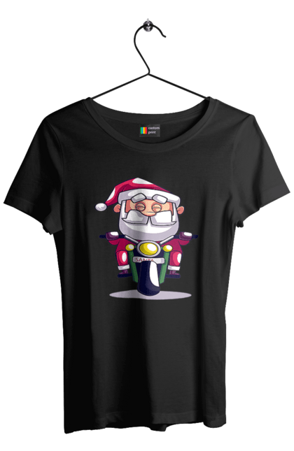 Футболка жіноча з принтом "Щасливий Санта на мотоциклі". 2022, дід мороз, зима, мотоцикл, новий рік, різдво, санта, сніг. 2070702