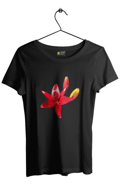 Футболка жіноча з принтом "Червона лілія". Бутон, квітка, колір, лілія, природа, сонячний, червона квітка, червона лілія, червоний, яскравий. 2070702
