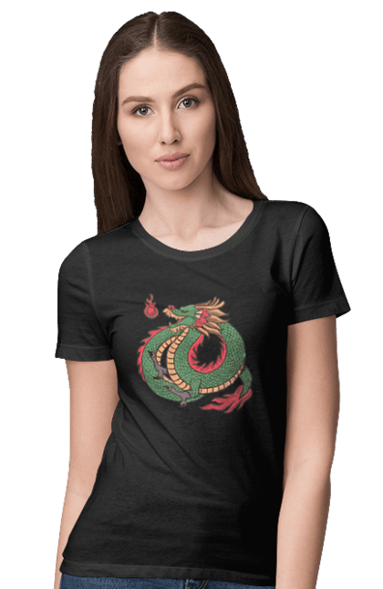 Футболка жіноча з принтом "Дракон". Дракон, зелений дракон, китайський дракон, символ, тварина. 2070702