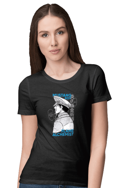 Women's t-shirt with prints Fullmetal Alchemist Roy Mustang. Adventures, anime, fullmetal alchemist, light novel, manga, roy mustang, steampunk. CustomPrint.market