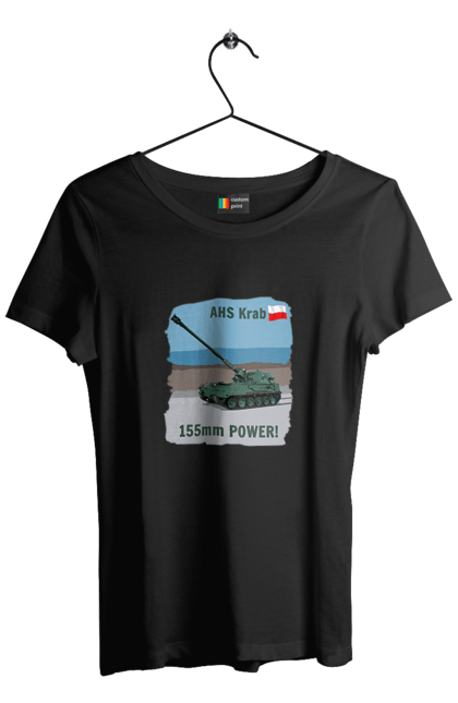 Футболка жіноча з принтом "155mm Power! САУ Krab оливковий". Ahs krab, артилерія, гаубиця, краб, польща, сау. 2070702