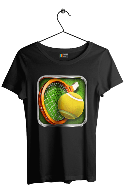 Футболка жіноча з принтом "Теніс". Великий теніс, гравці, лондон, м`яч, призовий фонд, ракетка, спонсор, турнір на ґрунті, турнір на траві, турнірна сітка. 2070702