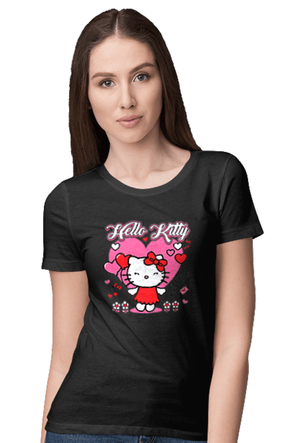 Футболка женская с принтом Хелло Китти. Hello kitty, бренд, кот, котенок, персонаж, хелло китти. 2070702