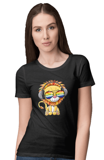Women`s t-shirt with prints Lion In Glasses And Headphones. Glasses, headphones, lion cub. 2070702