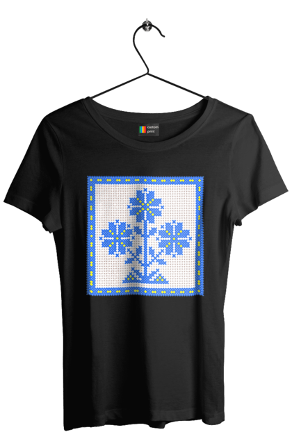 Футболка жіноча з принтом "Жовто блакитна вишивка квіти". Вишивка, вишивка хрестиком, квіти, символ україни, традиції україни, україна. 2070702