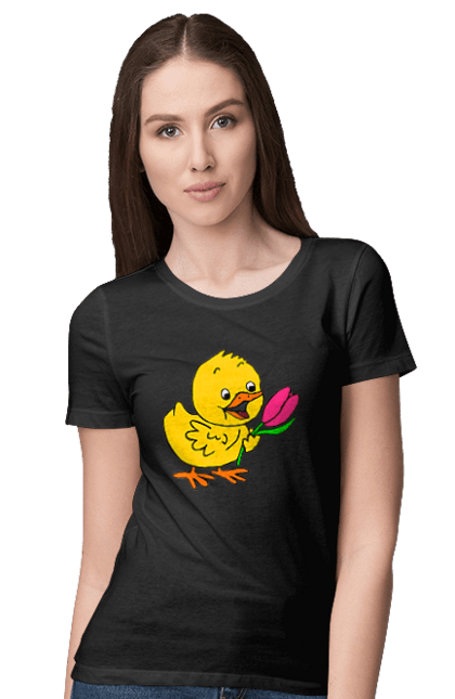 Women`s t-shirt with prints Chicken With A Tulip. Chick, tulip. 2070702