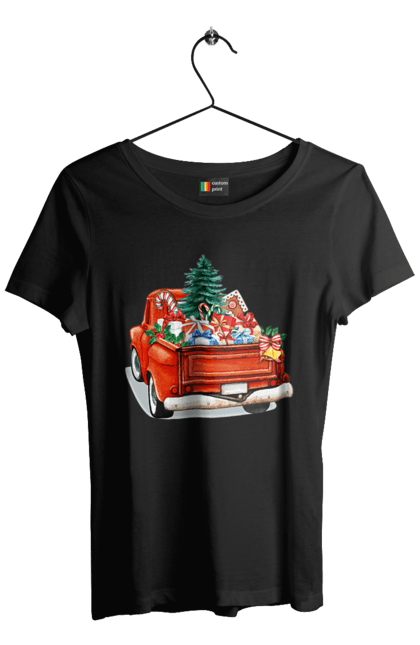 Футболка жіноча з принтом "Авто з подарунками". Автомобіль, новий рік, подарунки, різдво, санта, ялинка. 2070702