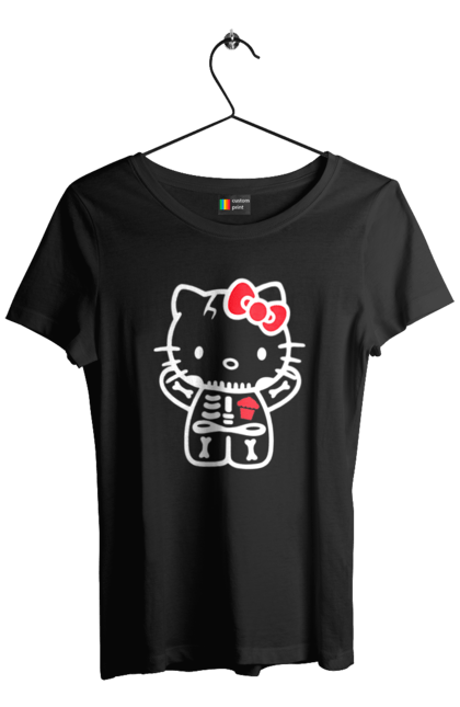 Футболка женская с принтом Хелло Китти Хэллоуин. Halloween, hello kitty, zombie, бренд, зомби, котенок, персонаж, скелет, хелло китти, хэллоуин. 2070702