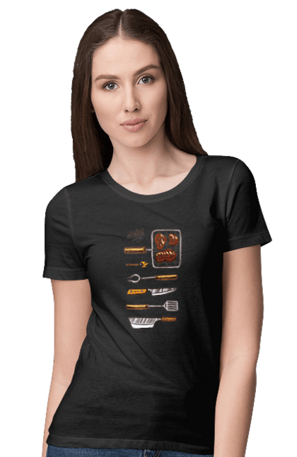 Women`s t-shirt with prints Barbecue Party. B-b-q, fry, meat. 2070702