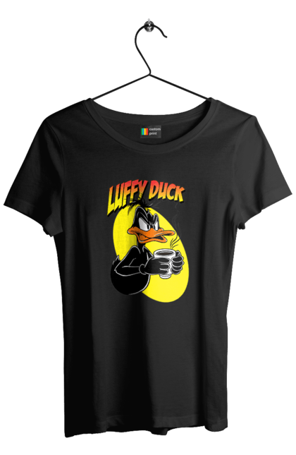 Футболка женская с принтом Даффи Дак. Daffy duck, looney tunes, merrie melodies, warner brothers, даффи дак, мультфильм, персонаж, утка, утка даффи. 2070702