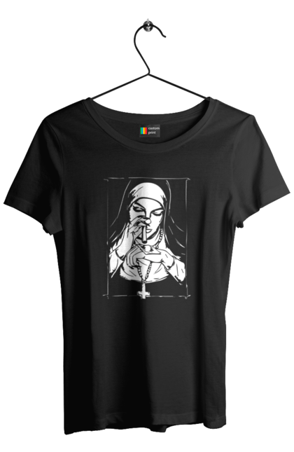 Футболка жіноча з принтом "Монашка нюхає порошок". Крута, метал, модна, молодіжна, популярна, рок, хрест, черниця, черниця нюхає порошок. 2070702