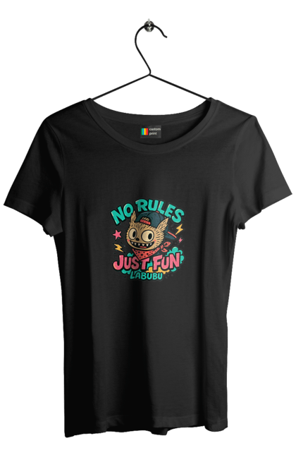 Футболка жіноча з принтом "Лабубу". Norulesjustfun, y2k, бандана, вуличний стиль, грайливий, графіті, зухвалий, лабубу, ретромультяшка, яскраво. 2070702