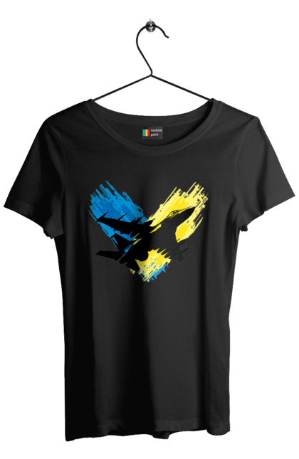 Футболка жіноча з принтом "Літак F 16". З прапором, зсу, літак, літак f16, патріотична, прапор, ф16. 2070702