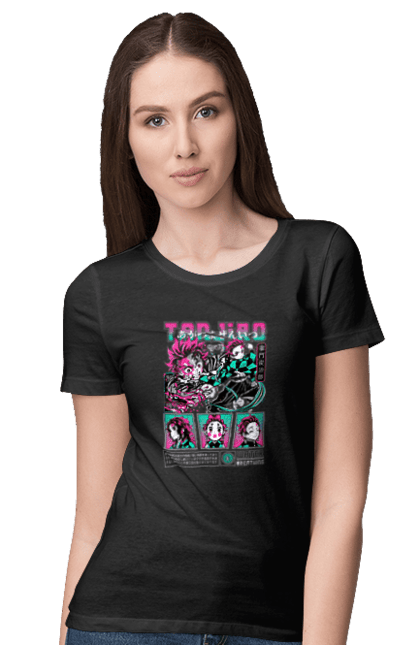 Women's t-shirt with prints Demon Slayer Tanjiro. Anime, demon slayer, kamado tanjiro, manga, tanjiro. 2070702