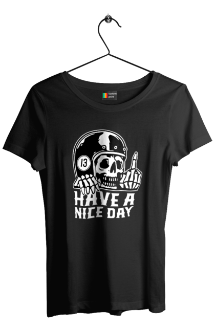 Футболка жіноча з принтом "Гарного дня". Байкерська, гарного дня, з черепом, тринадцять, фак, череп. 2070702