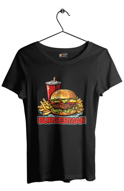 Футболка жіноча з принтом "Burgerman". Бургер, для чоловіків, їжа, літні, макдональдс, прикольні, трендові, фаст фуд, чоловічі. 2070702