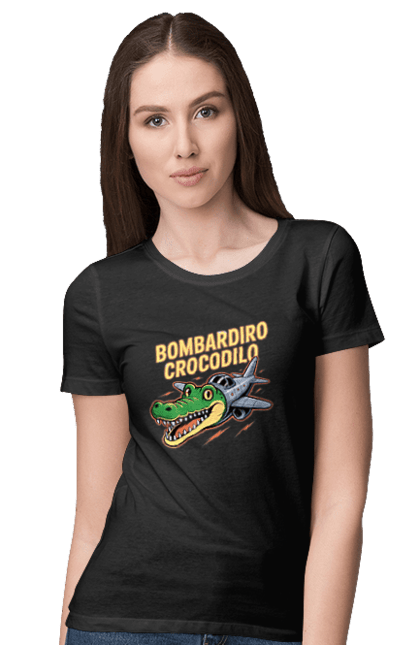 Women`s t-shirt with prints Bombardino Crocodilo. Bombardino, bombardino crocodilo, bombardiro crocodile, brainrot, crocodile, crocodile meme, crocodile plane, crocodilo, italian brainrot, meme. 2070702