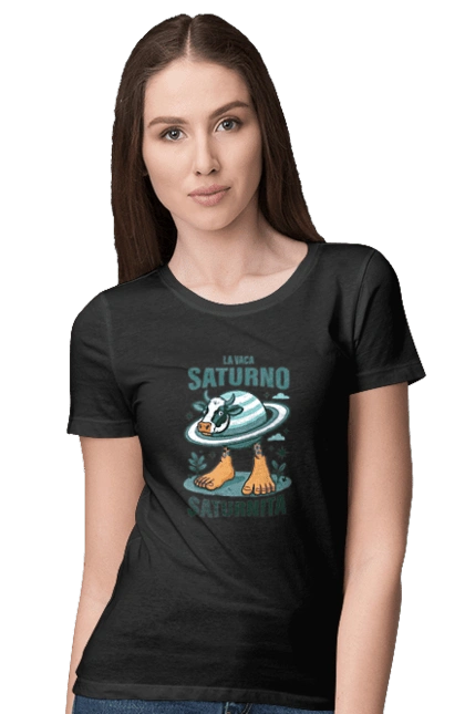 Women`s t-shirt with prints Lavaca Saturno Saturnita. Brainrot, cow saturn, italian brain rot, italian brainrot, italian meme, italian memes, la vaca, la vaca saturno, lavaka saturno, saturno saturnito. 2070702