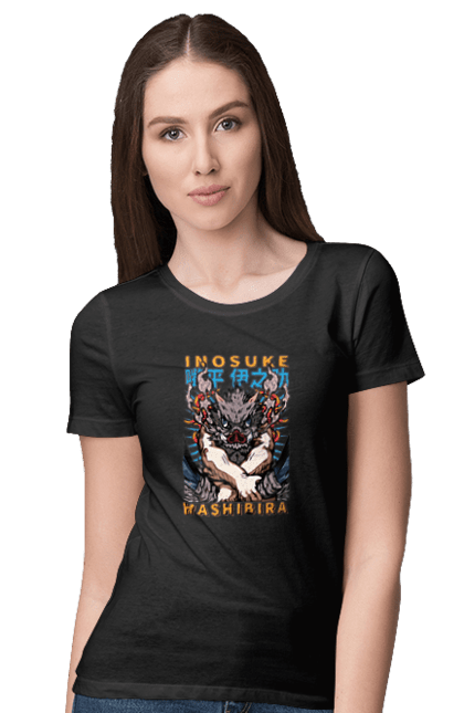 Women's t-shirt with prints Demon Slayer Inosuke. Anime, demon slayer, inosuke, inosuke hashibira, kimetsu no yaiba, manga. 2070702