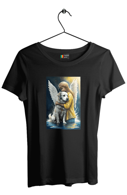 Футболка жіноча з принтом "Дівчинка та собака ангел [память загиблим тваринам]". Дівчинка та собака, крим, нова каховка, память загиблим тваринам, собака ангел, україна, херсон. 2070702