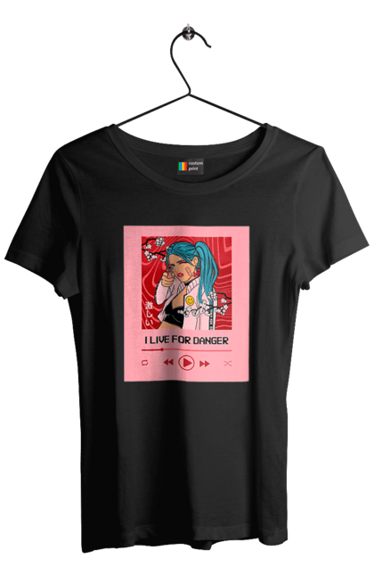 Футболка жіноча з принтом "I Live For Danger". Аніме, музика, пістолет, програвач. 2070702