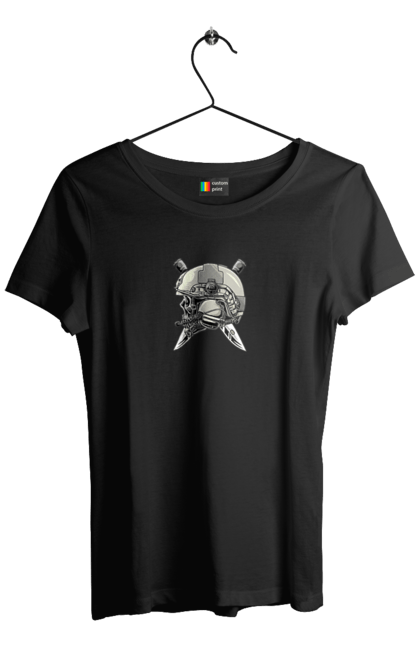 Футболка жіноча з принтом "Череп пілота". Військовий, захисник, ніж, пілот, череп, шолом. 2070702
