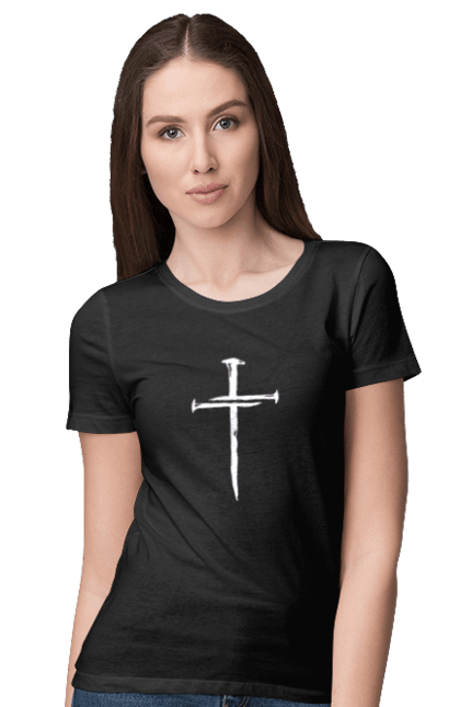 Футболка жіноча з принтом "Хрест із голгофських цвяхів". Бог, віра, голгофа, ісус, релігія, розп`яття, хрест, християнство, христос. KRUTO.  Магазин популярних футболок