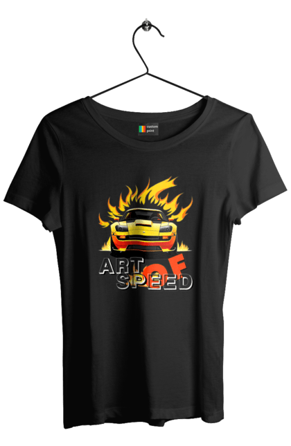 Футболка жіноча з принтом "Машина у вогні". Автомобіль, вогонь, спортивна машина, спортивний автомобіль, швидкість. 2070702