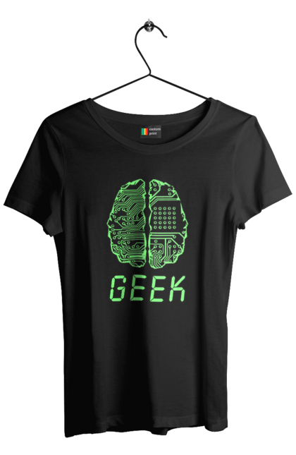 Футболка жіноча з принтом "Гик Мозок Неоновий". Айті, айтішник, гик, друкована плата, зелений, знання, інженер, кібер, кібернетика, кіборг, код, комп, комп’ютерник, кристал, мікросхема, мозок, неон, неоновий, програміст, професіонал, професія, розробник, розум, світиться, світло, чіп. 2070702