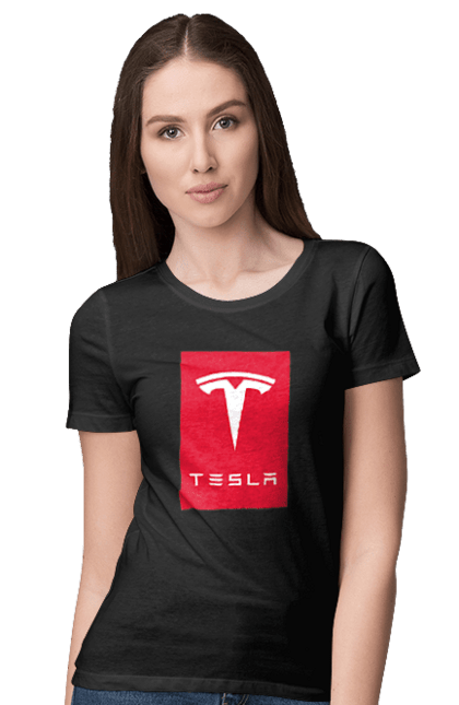 Футболка жіноча з принтом "Tesla". Авто, бренд, ілон маск, логотип, тесла. PrintMarket - інтернет-магазин одягу та аксесуарів з принтами плюс конструктор принтів - створи свій унікальний дизайн