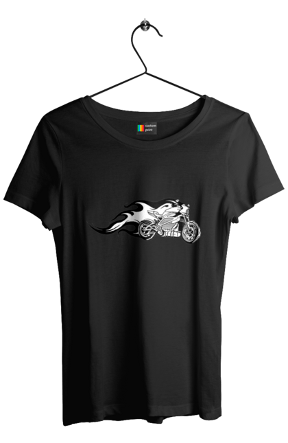 Футболка жіноча з принтом "Мотоцикл Вогонь". Мото, мотоцикл, огонь. 2070702