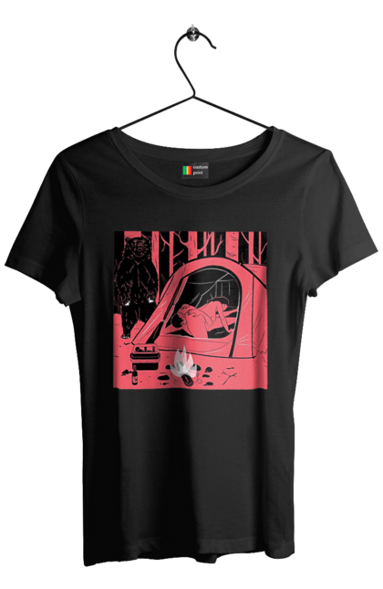 Футболка жіноча з принтом "69 В Палатці". 69, ведмідь, ліс, палатка, секс. 2070702