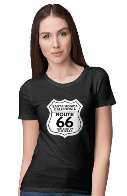 Футболка жіноча з принтом "Route 66". Байк, байкер, байкер клуб, брат, брати, брутал, гарячий асфальт, гарячий кінь, гарячий стрижень, дорога 50, дорога 66, дорога 80, дороги америки, дороги україни, жага швидкості, клуб байкерів, мотоцикл, мотоцикліст, справжній чоловік, чувак, швидкість. 2070702