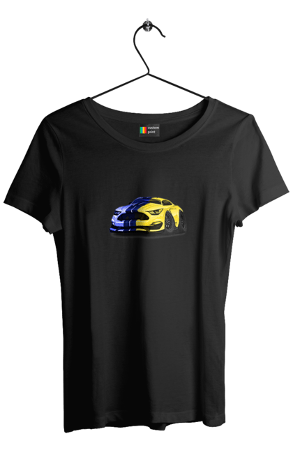 Футболка жіноча з принтом "Український мустанг". Жовто блакитне авто, кольори україни, машина, мустанг, суперкар, форд мустанг, шелбі. 2070702