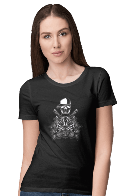 Women's t-shirt with prints Skeleton with pistols. Black and white, bones, cap, gun, roses, scull, skeleton, teeth. 2070702