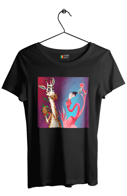 Футболка жіноча з принтом "Жираф І Фламінго На Вечірці". Жираф, їжа, коктейль, фламінго. 2070702