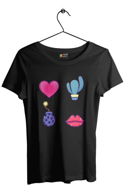 Women`s t-shirt with prints Heart, Cactus, Bomb, Lips. Bomb, cactus, lips. 2070702
