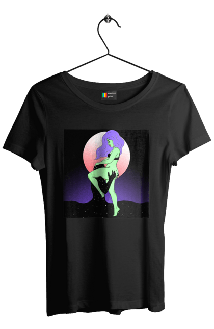 Футболка жіноча з принтом "Зелена Дівчина І Місяць". Інопланетянка, місяць. 2070702
