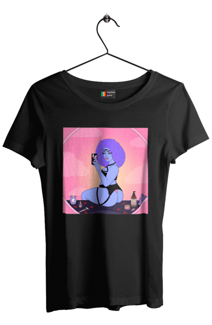 Футболка жіноча з принтом "Фіолетова Дівчина Фото У Дзеркалі". Білизна, дзеркало, фото. 2070702