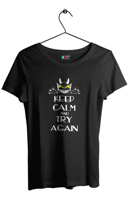 Футболка женская с принтом Сохраняй спокойствие и пробуй еще раз. Keep calm, try again, демон, сатана, сохраняй спокойствие, спокойствие, черт. 2070702