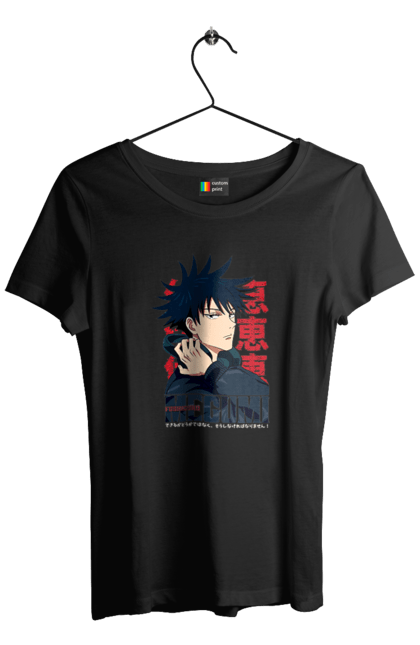 Women's t-shirt with prints Jujutsu Kaisen Megumi. Anime, dark fantasy, fushiguro, fushiguro megumi, jujutsu kaisen, magic battle, manga, megumi, mystic. 2070702