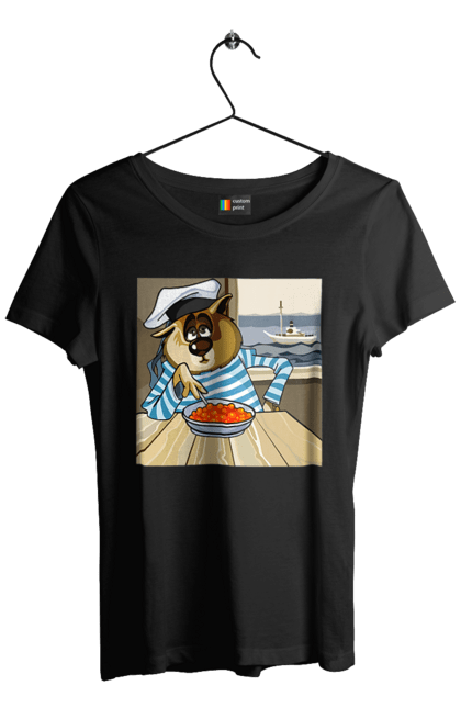 Футболка жіноча з принтом "Кот Моряк, На Кораблі Їсть Червону Ікру". Ікра, кіт, корабель, моряк. 2070702