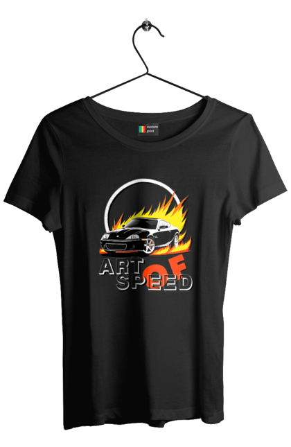 Футболка жіноча з принтом "Автомобіль у вогні". Авто, автомобіль у вогні, гонка, дрейф, спорт, спортивна машина, швидкість. 2070702