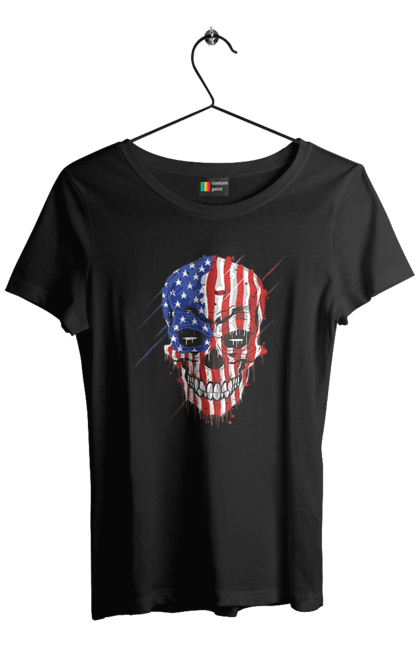 Women's t-shirt with prints Skull with flag. Bones, eagle, flag, scull, smile, teeth, usa. 2070702