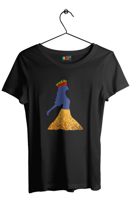 Футболка жіноча з принтом "Україна". Вінок, дівчина, дівчинка, жовтий синій, жовто-блакитне, маки, національні кольори, небо, пшеничне поле. 2070702