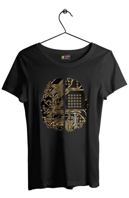 Футболка жіноча з принтом "Мозок Айті". Айті, айтішник, гик, знання, золотий, золото, інженер, кібер, кібернетика, кіборг, код, комп, кристал, мікросхема, мозок, програміст, професіонал, професія, розробник, розум, чіп. 2070702
